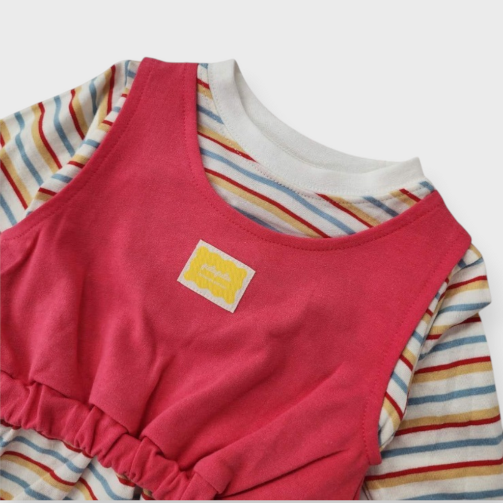 KIDS BORDER STRIPE TUNIC MEDIUM RED (100-120CM)