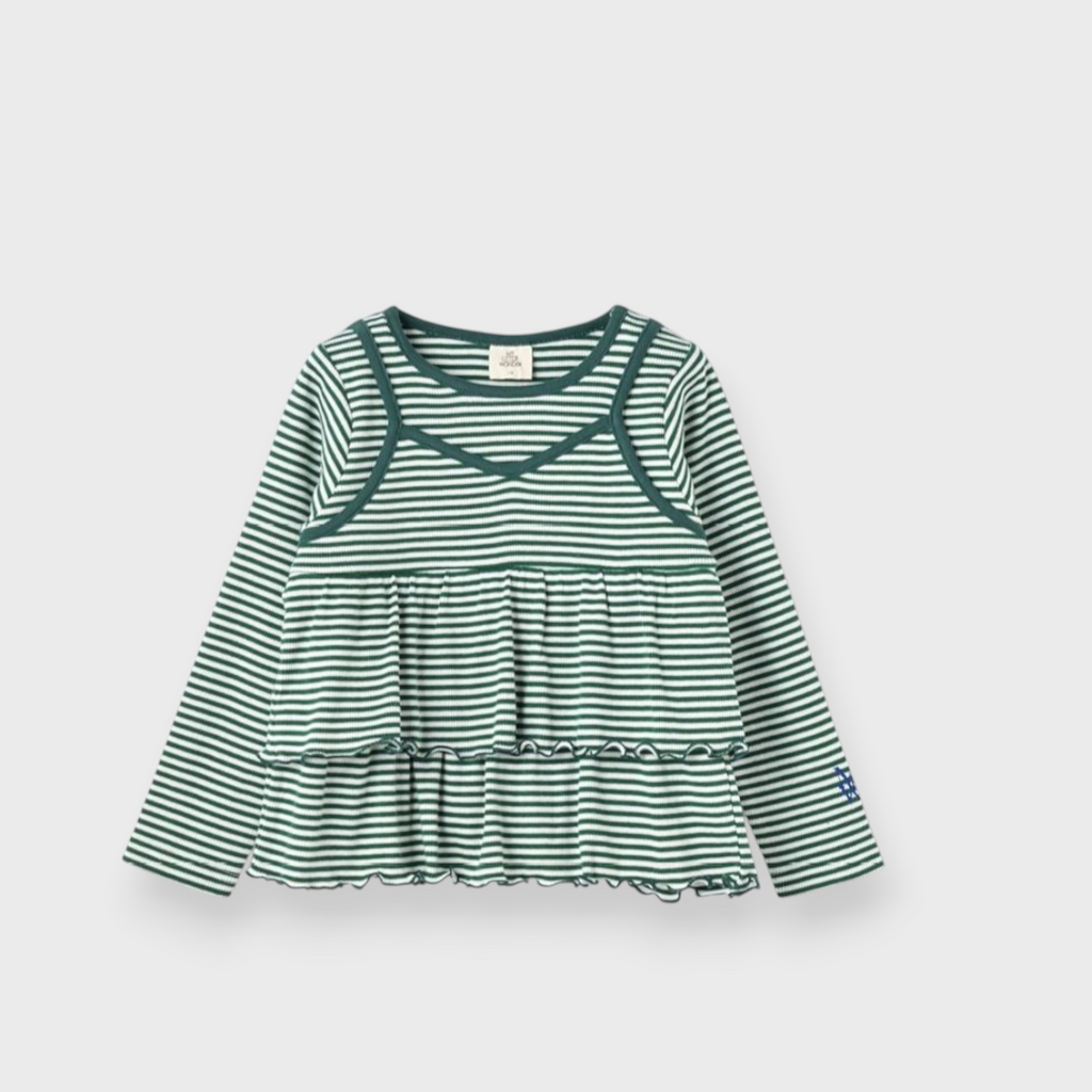 KIDS RIB-KNIT BORDER STRIPE BUSTIER MEDIUM BLACK / MEDIUM GREEN (100-120CM)